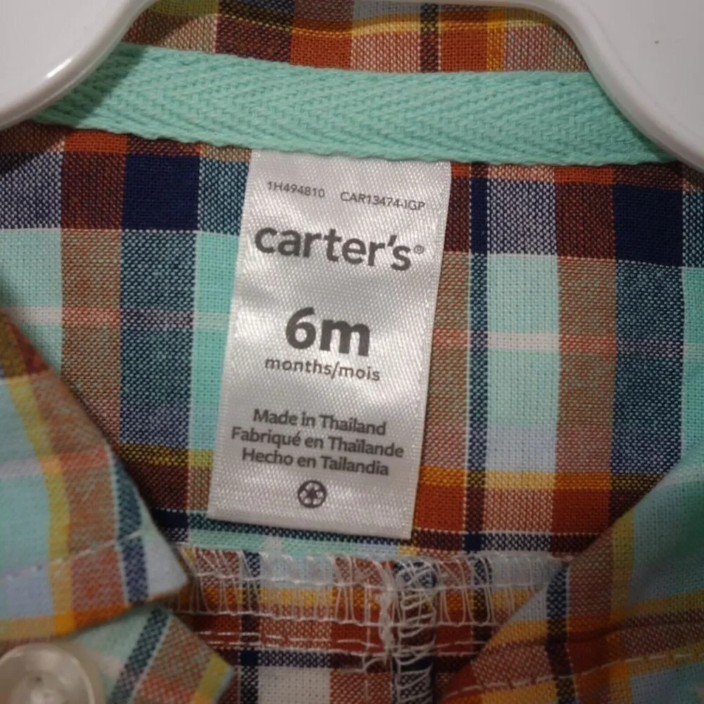NEW Carter's 6 Month Blue Rust Plaid Button Up w/ Collar Romper Short Outfit
